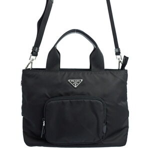 Prada ReNylon Saffiano Leather tote bag black enameled metal triangle